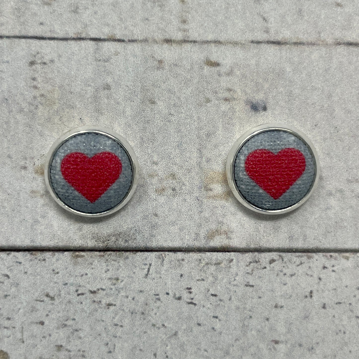 Heart on Distressed Gray Fabric Stud Earrings