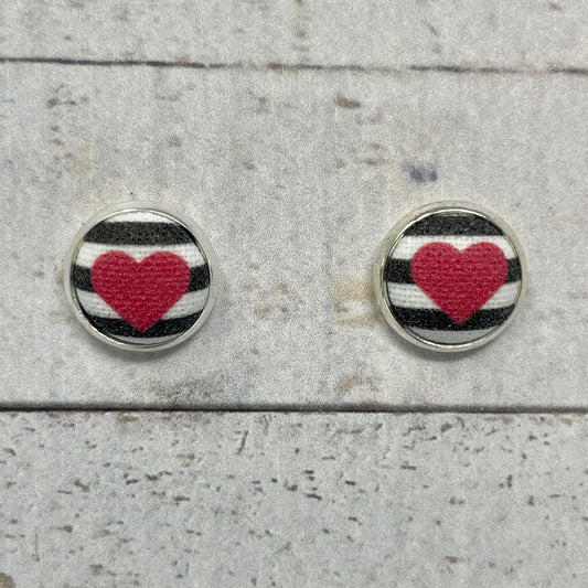 Heart on Black and White Striped Fabric Stud Earrings