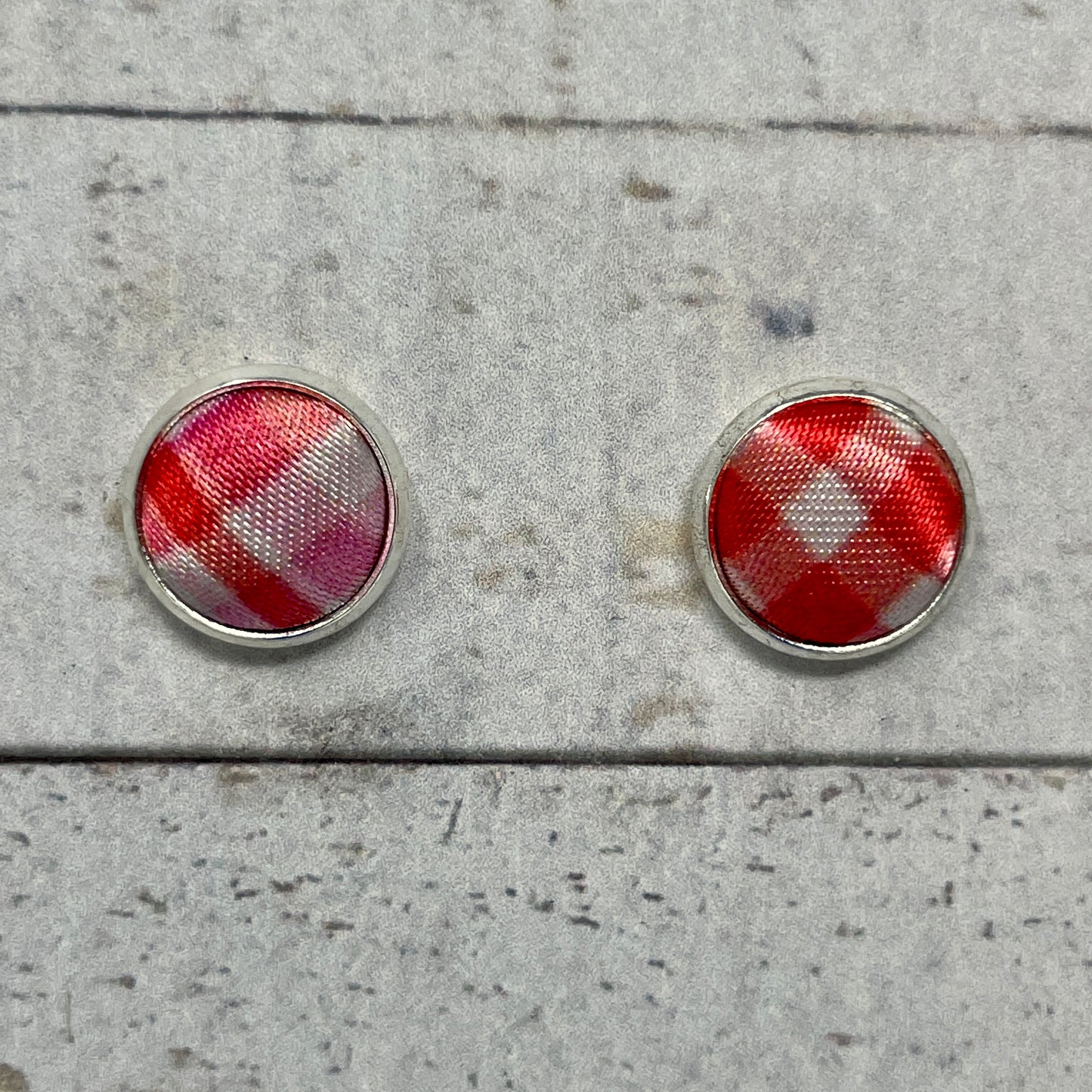 Pink and Red Plaid Fabric Stud Earrings