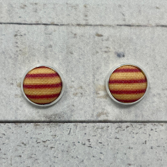 Maroon and Gold Striped Fabric Stud Earrings