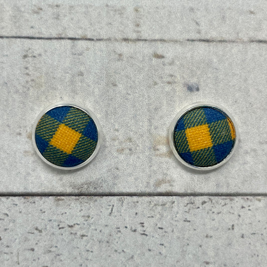 Navy and Gold Plaid Fabric Stud Earrings