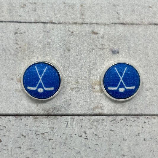 Blue & White Hockey Fabric Stud Earrings