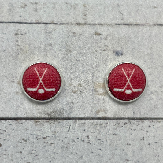 Red and White Hockey Fabric Stud Earrings