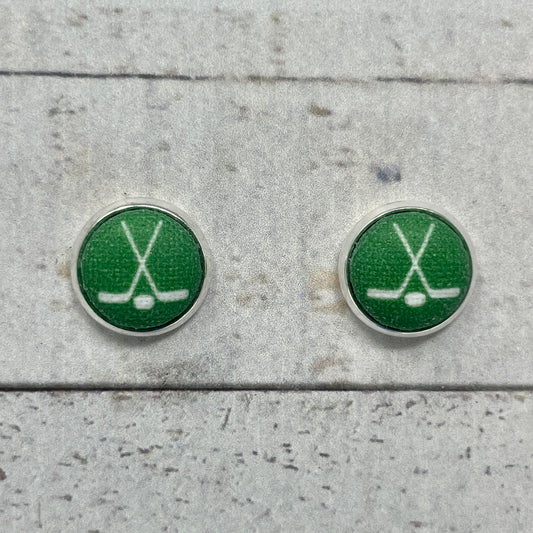 Green and White Hockey Fabric Stud Earrings