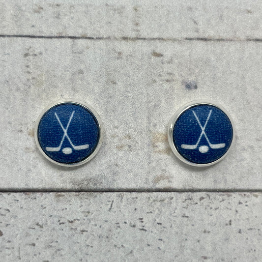 Navy Blue Hockey Fabric Stud Earrings