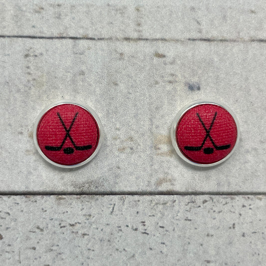 Red and Black Hockey Fabric Stud Earrings