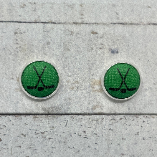 Green and Black Hockey Fabric Stud Earrings