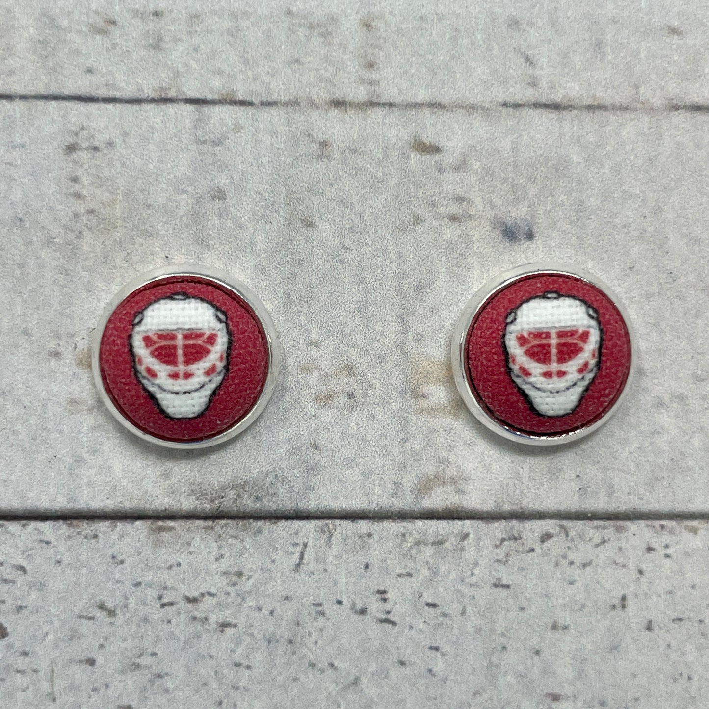 Red Goalie Mask Fabric Stud Earrings