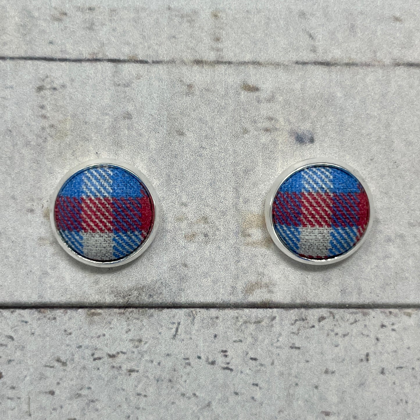 Red, White, & Blue Plaid Fabric Stud Earrings