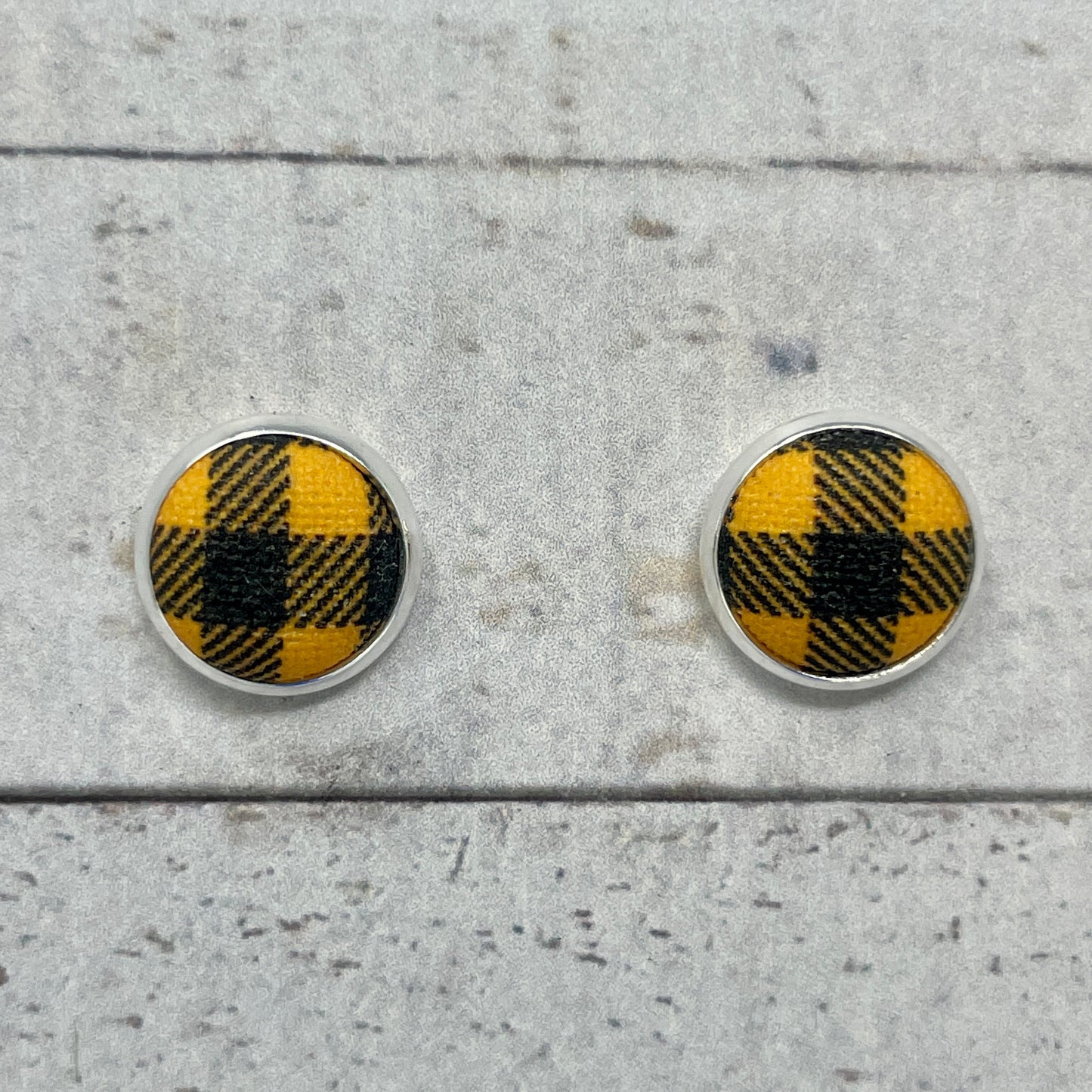 Black and Gold Plaid Fabric Stud Earrings