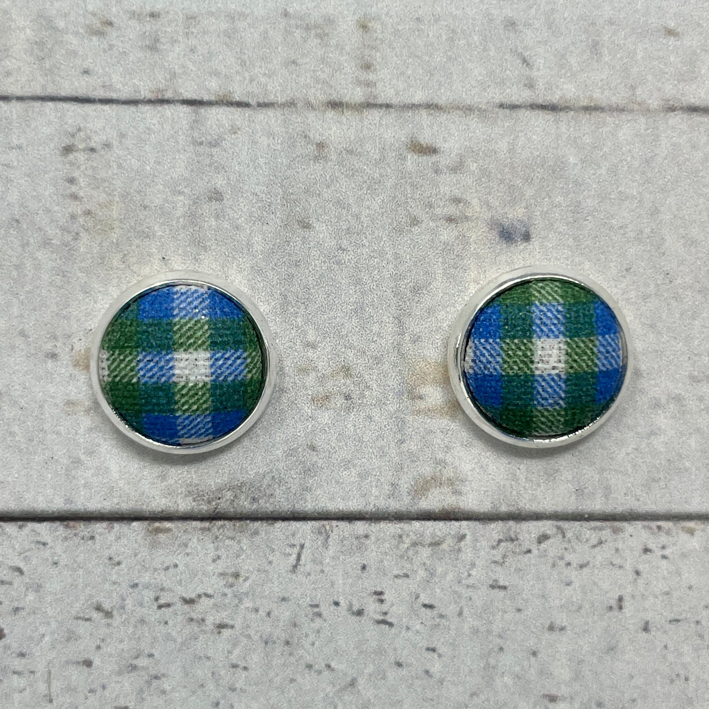 Green, Blue, & White Plaid Fabric Stud Earrings