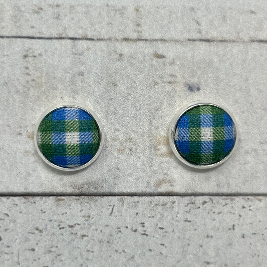 Green, Blue, & White Plaid Fabric Stud Earrings