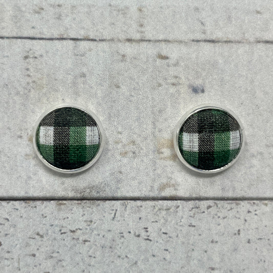 Green, Black, & White Plaid Fabric Stud Earrings