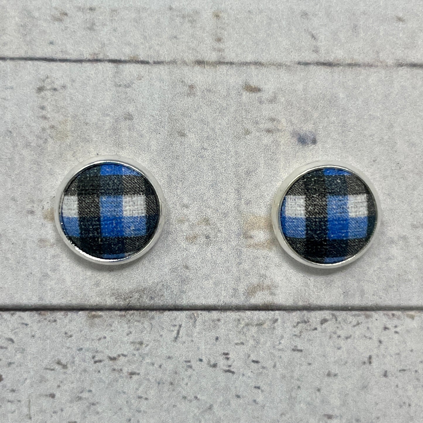 Blue, Black, & White Plaid Fabric Stud Earrings