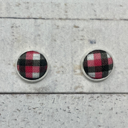 Red, Black, & White Plaid Fabric Stud Earrings