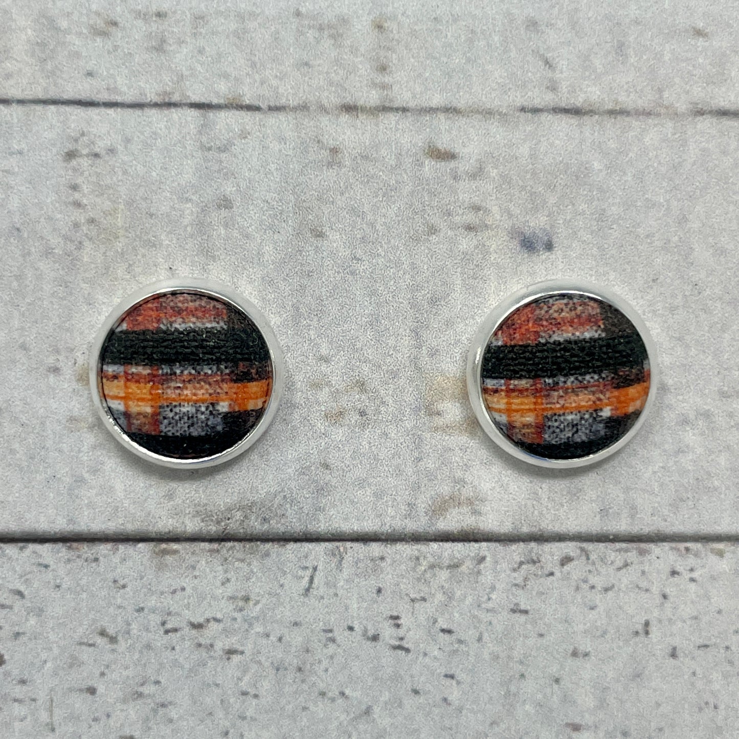 Orange, Black, & White Plaid Fabric Stud Earrings