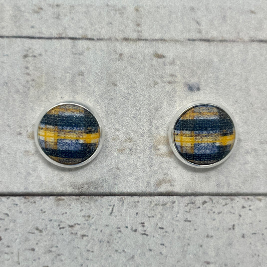 Navy Blue, Gold, & White Plaid Fabric Stud Earrings