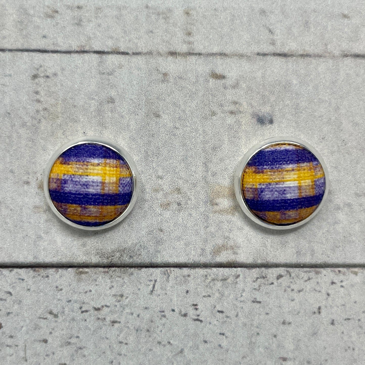 Purple, Gold, & White Plaid Fabric Stud Earrings