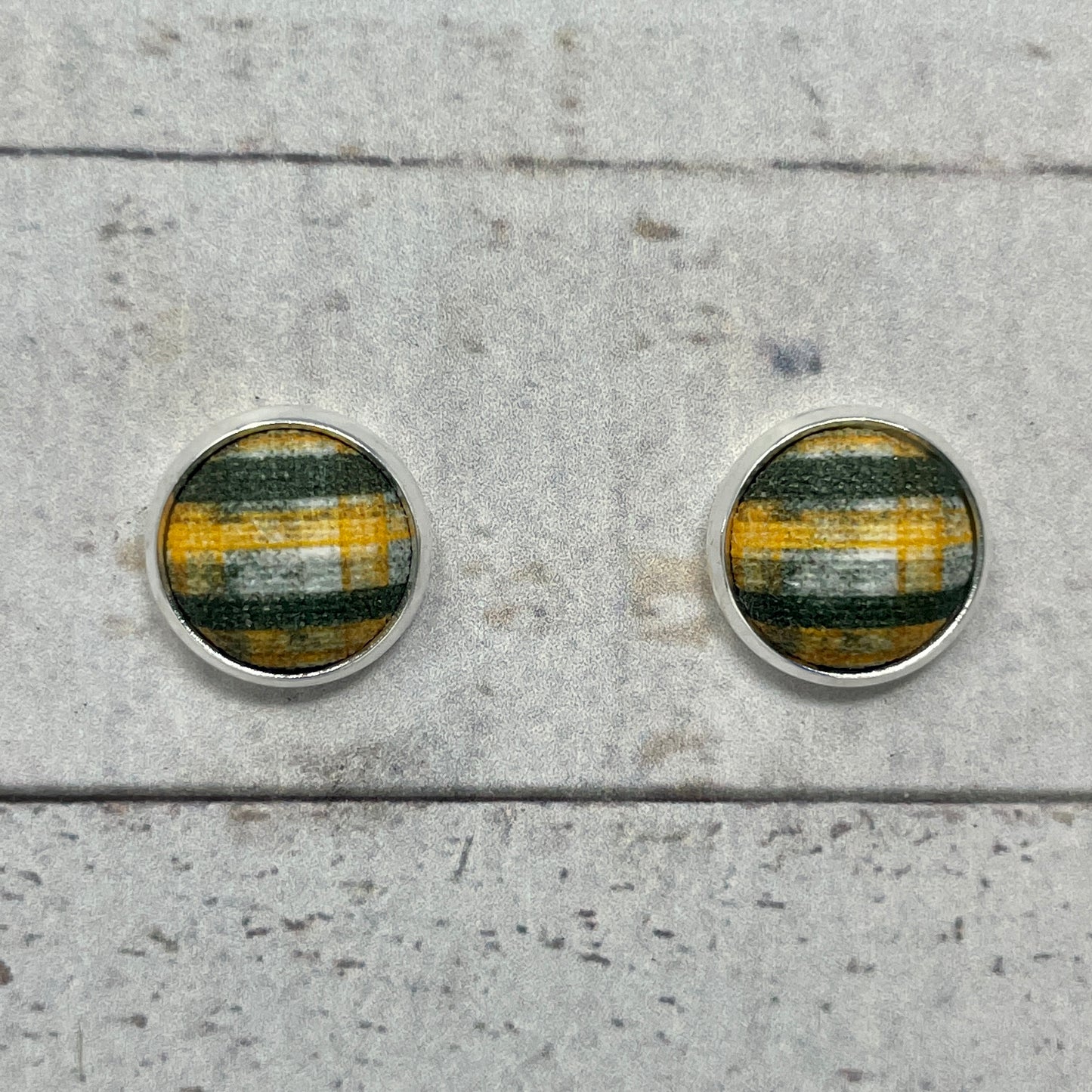 Green, Gold, & White Plaid Fabric Stud Earrings