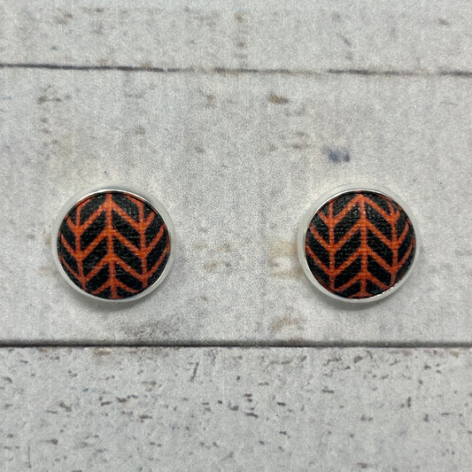 Orange and Black Herringbone Fabric Stud Earrings