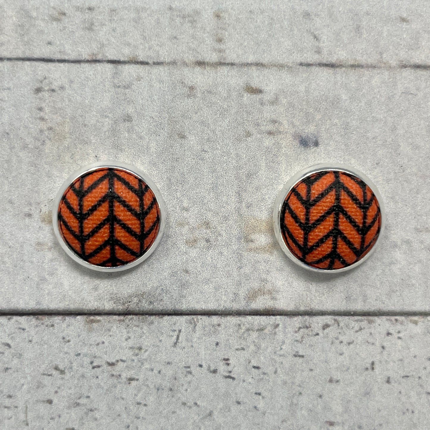 Black and Orange Herringbone Fabric Stud Earrings