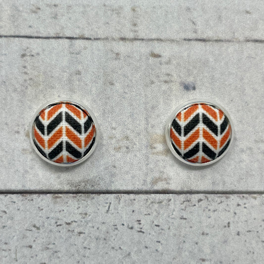 Orange, Black, & White Herringbone Fabric Stud Earrings