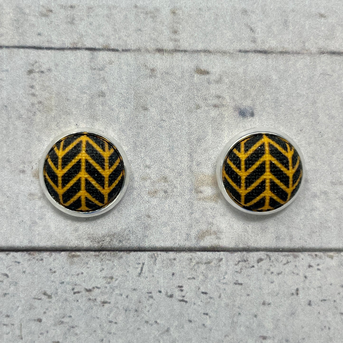 Black and Gold Herringbone Fabric Stud Earrings