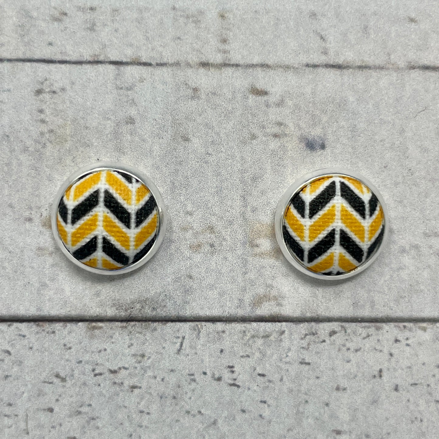 Black, Gold, & White Herringbone Fabric Stud Earrings