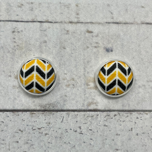 Black, Gold, & White Herringbone Fabric Stud Earrings