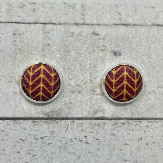 Maroon and Gold Herringbone Fabric Stud Earrings