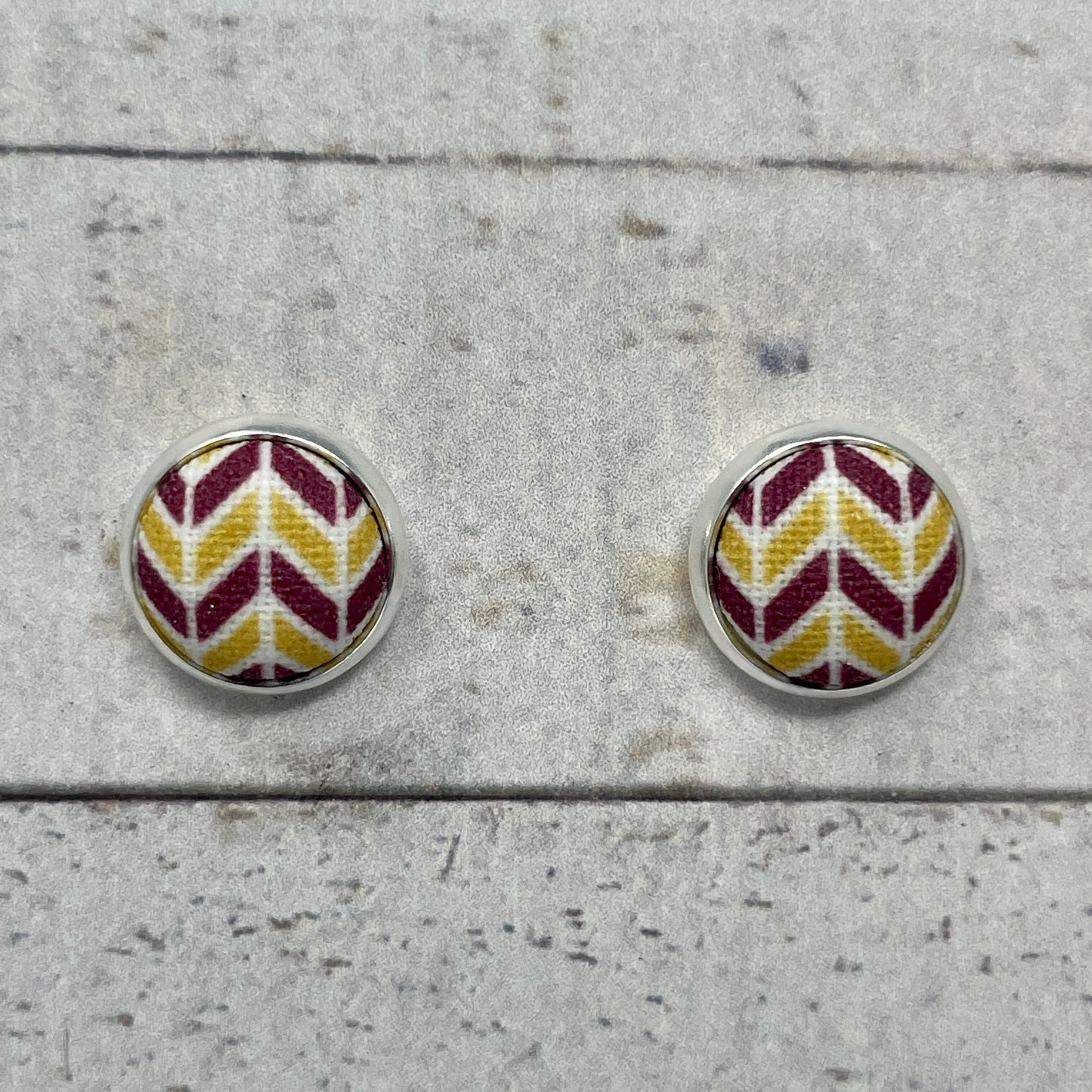 Maroon, Gold, & White Herringbone Fabric Stud Earrings