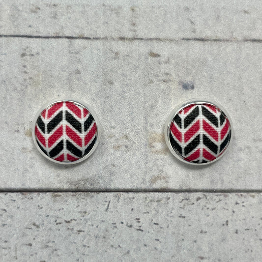 Red, Black, & White Herringbone Fabric Stud Earrings