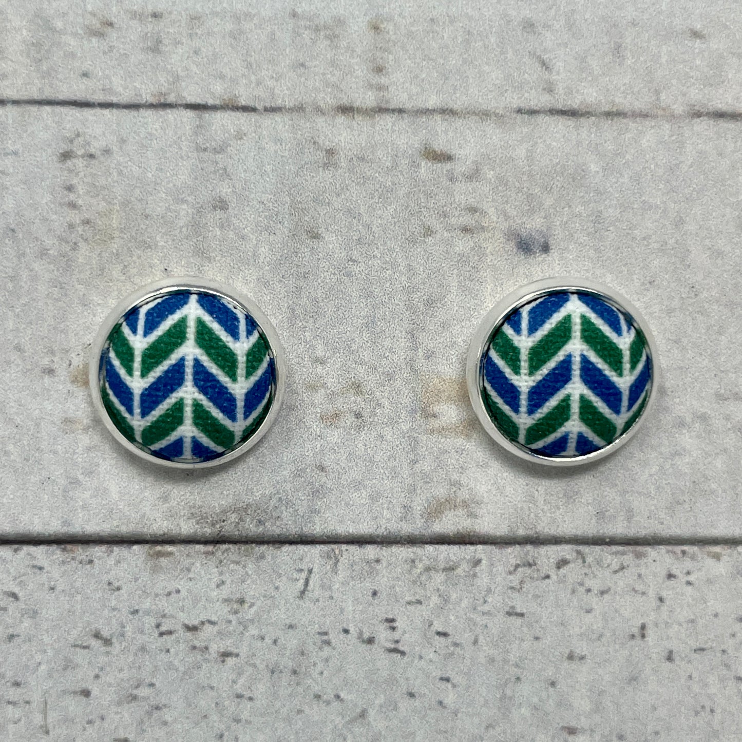 Green, Blue, & White Herringbone Fabric Stud Earrings