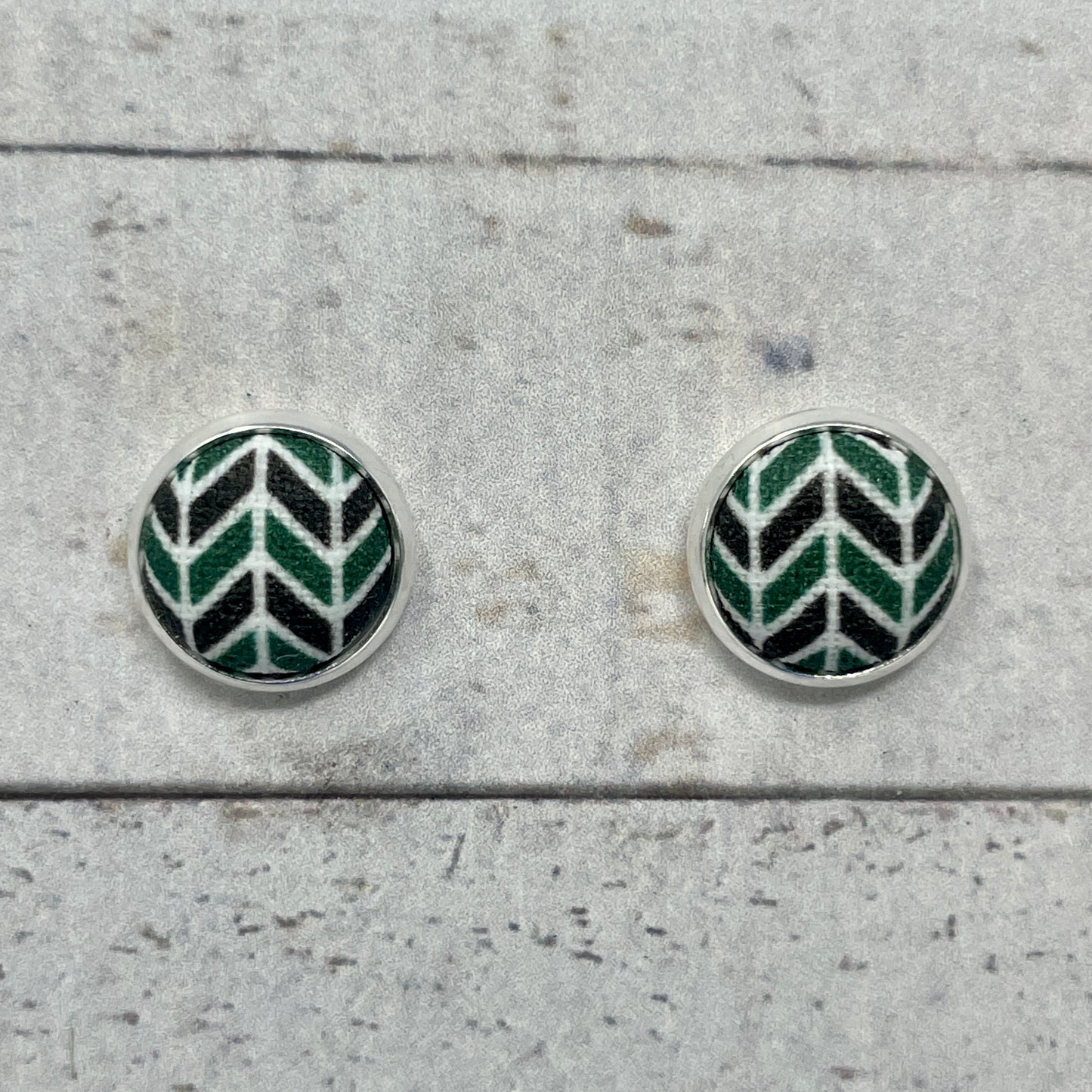 Green, Black, & White Herringbone Fabric Stud Earrings