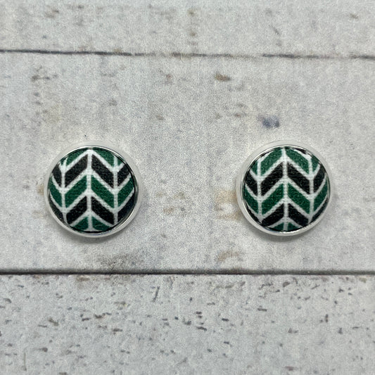 Green, Black, & White Herringbone Fabric Stud Earrings