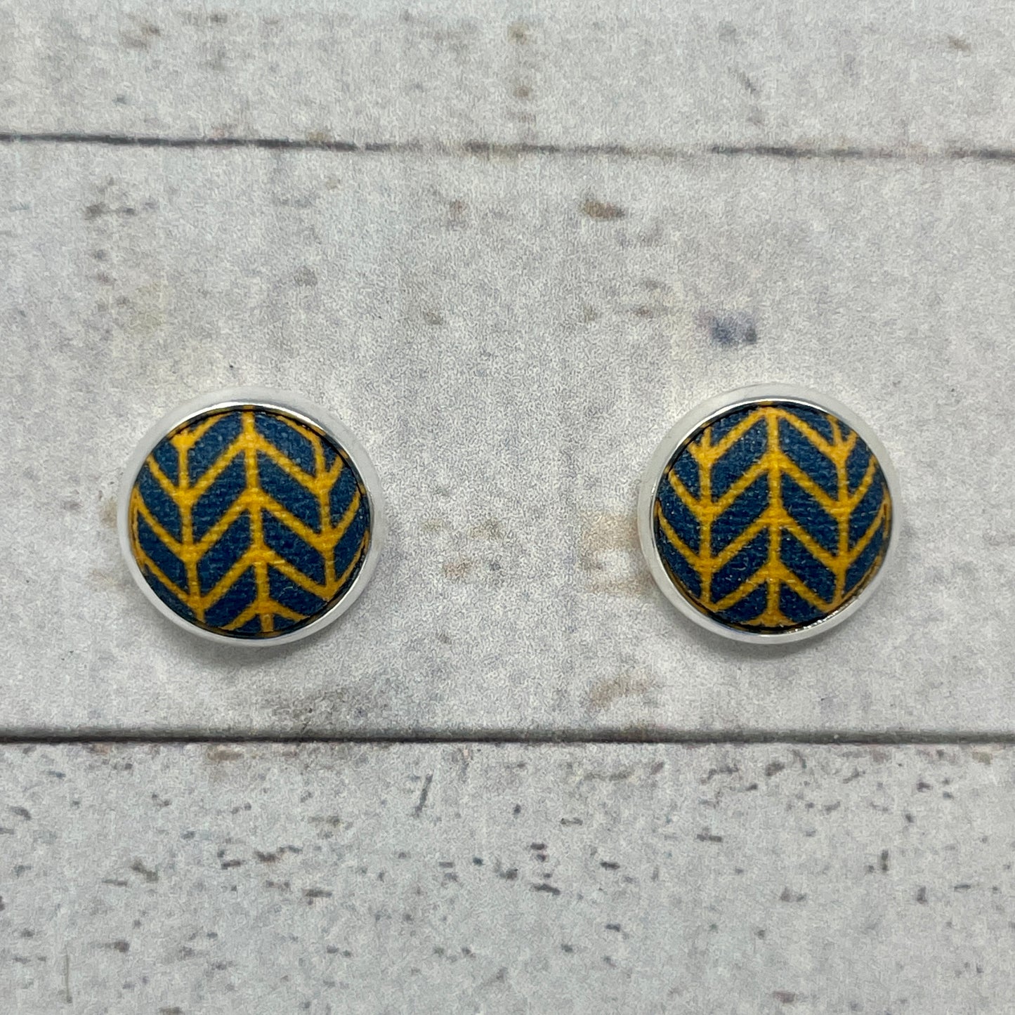 Navy and Gold Herringbone Fabric Stud Earrings