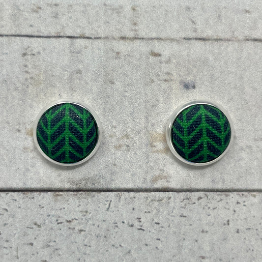 Navy and Green Herringbone Fabric Stud Earrings