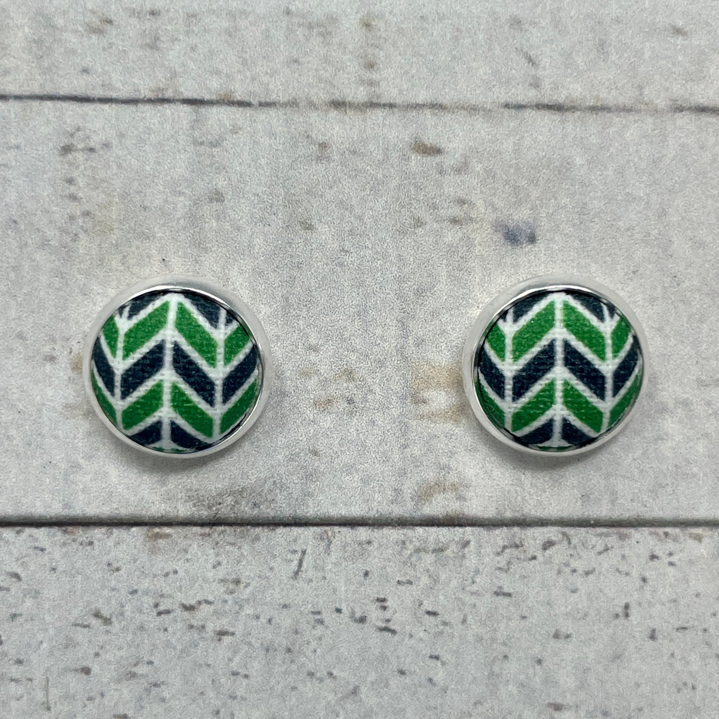 Navy, Green, & White Herringbone Fabric Stud Earrings