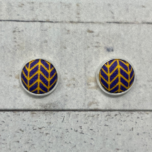 Purple and Gold Herringbone Fabric Stud Earrings