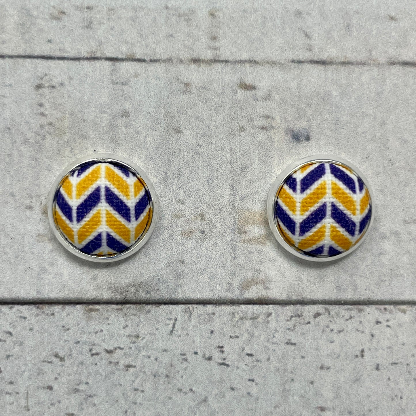 Purple, Gold, & White Herringbone Fabric Stud Earrings