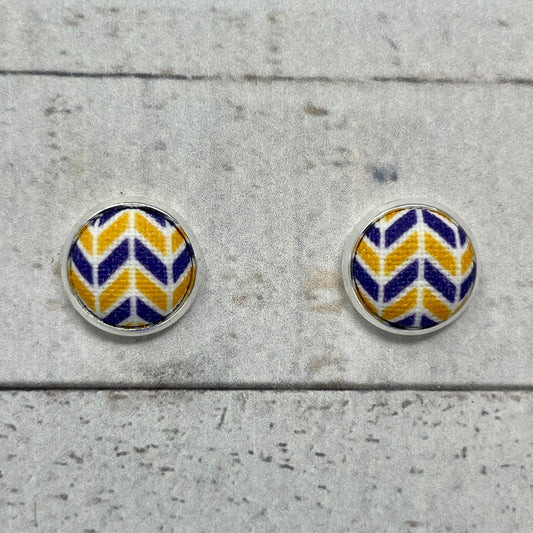 Purple, Gold, & White Herringbone Fabric Stud Earrings