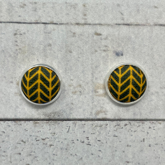 Green and Gold Herringbone Fabric Stud Earrings