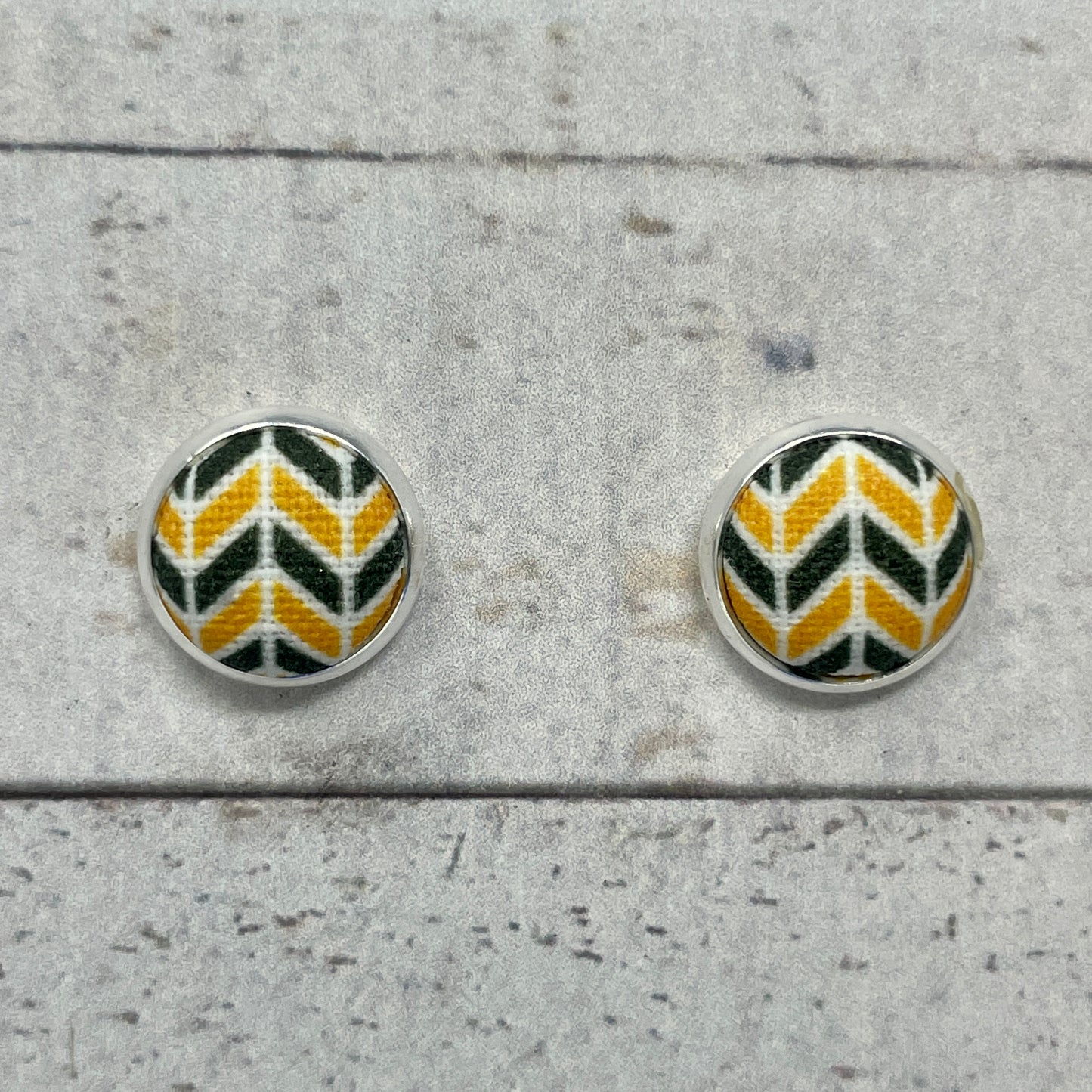 Green, Gold, & White Herringbone Fabric Stud Earrings