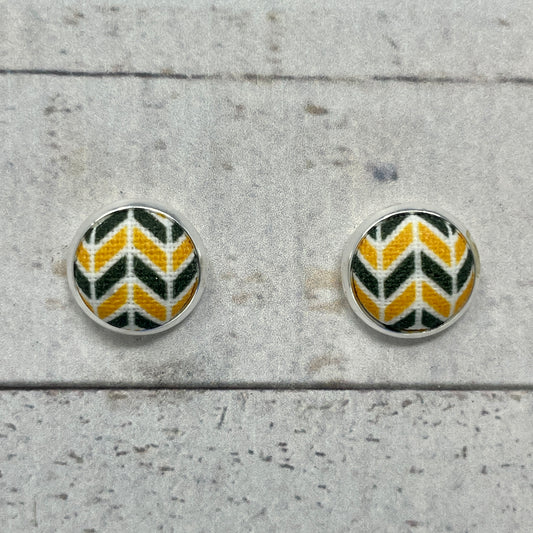 Green, Gold, & White Herringbone Fabric Stud Earrings