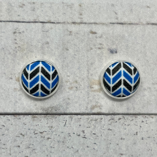 Blue, Black, and White Herringbone Fabric Stud Earrings