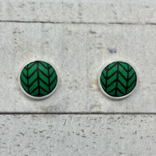 Green and Black Herringbone Fabric Stud Earrings