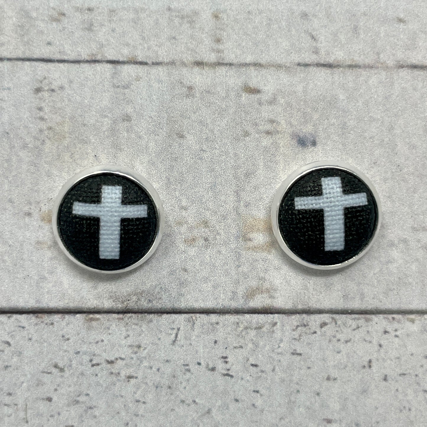 Black and Silver Cross Fabric Stud Earrings