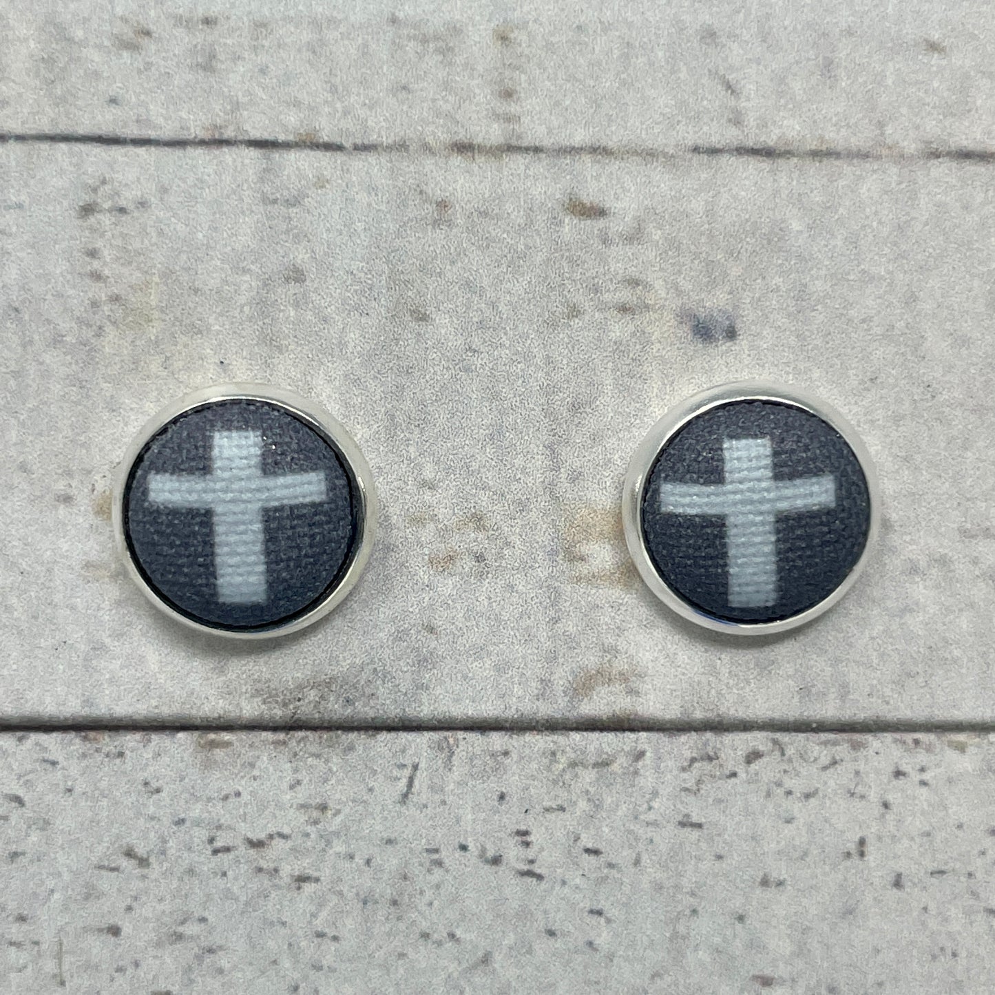 Gray and Silver Cross Fabric Stud Earrings