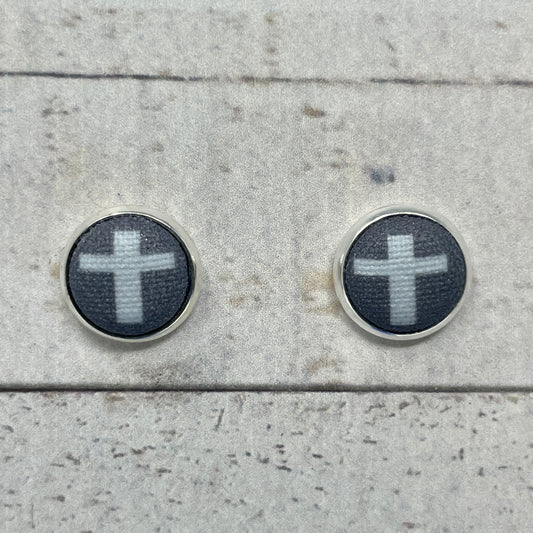 Gray and Silver Cross Fabric Stud Earrings