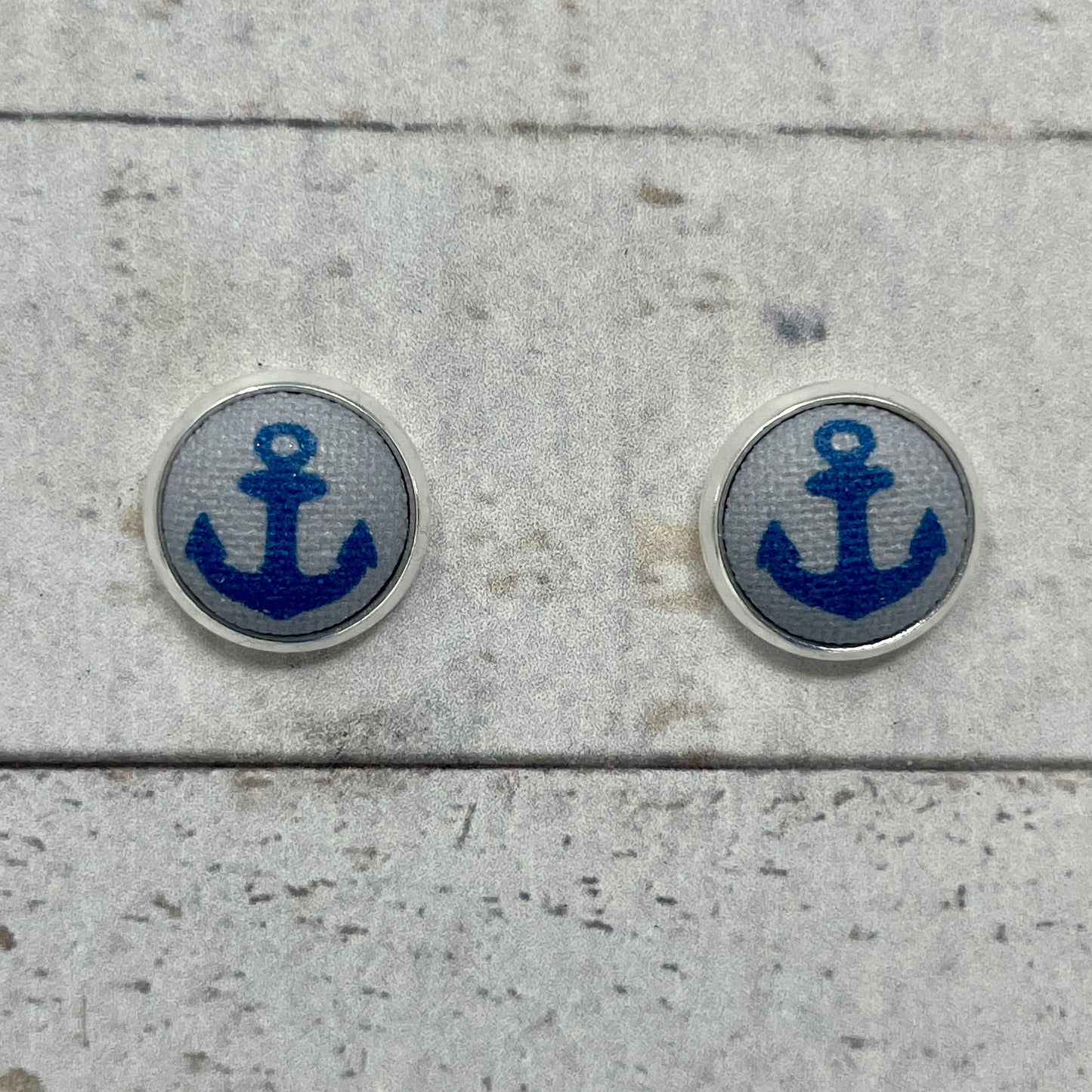 Navy Anchor Fabric Stud Earrings